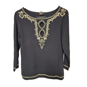 NWT Grace Dane Lewis Woman Black Sweater w/ Beaded Trim Size L Moroccan Nights